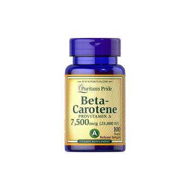 A bottle of Puritan's Pride Beta Carotene 25000 IU 100 Sgel Vitamin A.